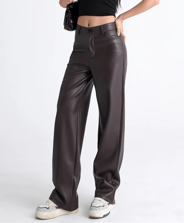 SOERA Giselle High Waisted Leather Pants - Trousers - 1005009872666185-;hY1762998399401204977 Coffee S